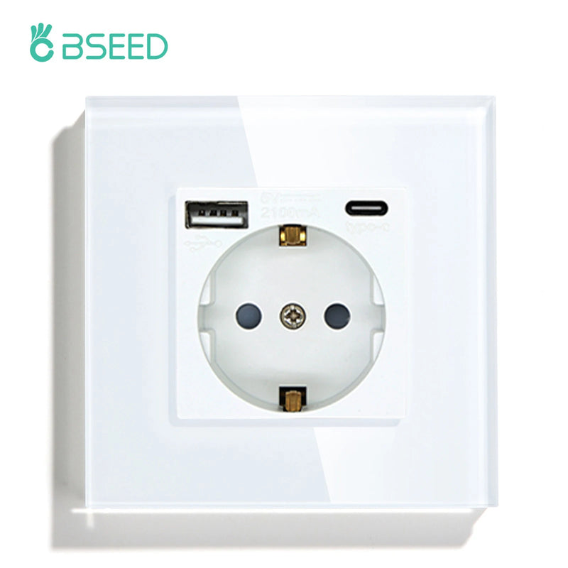 BSEED Single Power Outlet EU Wall Plugs Double Sockets USB Type-C Phone Charge Glass Panel 1Way Wall Touch Switch Kid Protection