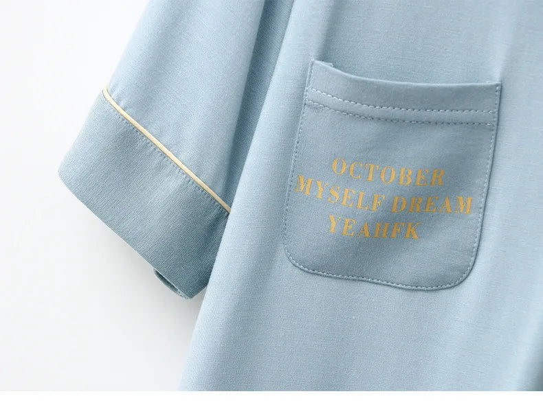 Night Wear For Ladies Cartoon Letter Print Short Sleeve Loose Casual Lapel Cardigan Home Dress Modal Summer Women's Nightgown