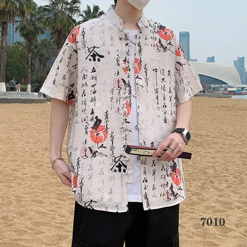 2026 Chinese Style Men's Short Sleeve Shirt with Chinese Characters Decorations and Asian Size Single Button Beach Casual Top