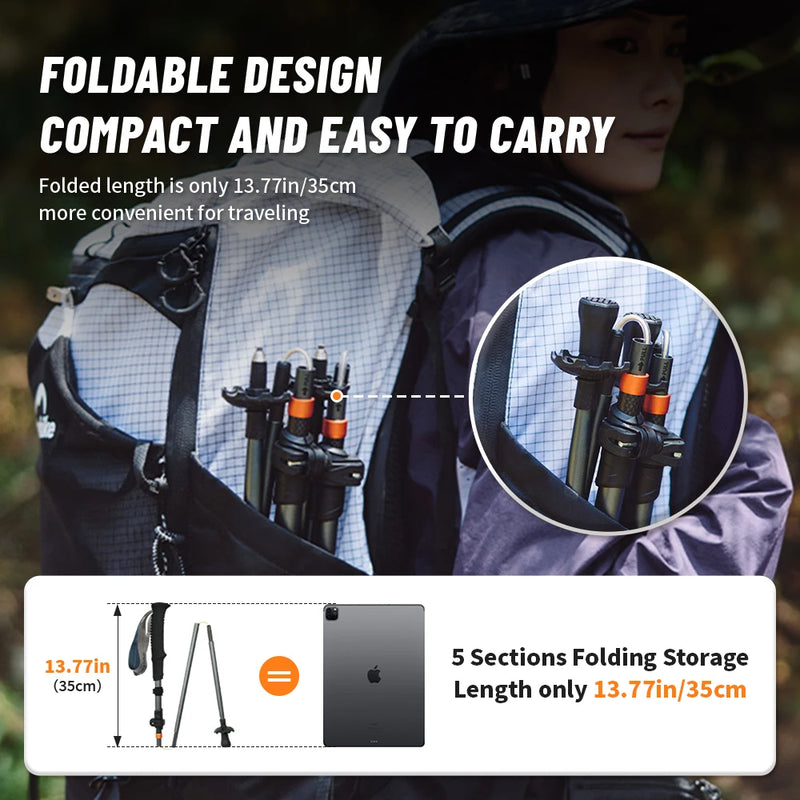 Naturehike Long Wind Trekking Poles Carbon Fiber 7075 Aluminum Alloy Five-section Folding Lightweight Walking Sticks Climbing