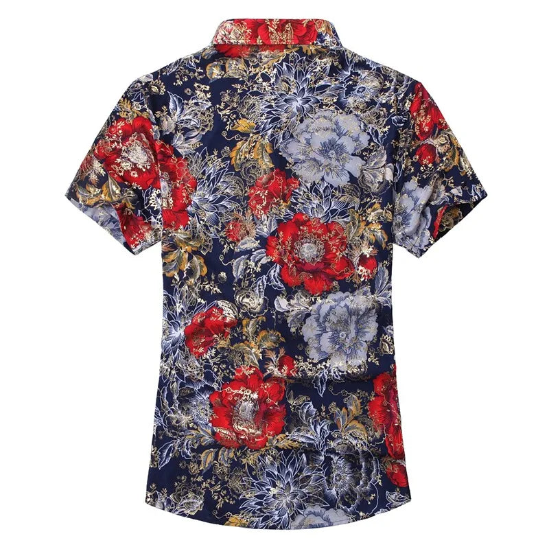 New Summer Collection of Men's Short-sleeve Printed Shirts, Red Single-breasted Button-down Shirts, Asian Sizes M–7XL.