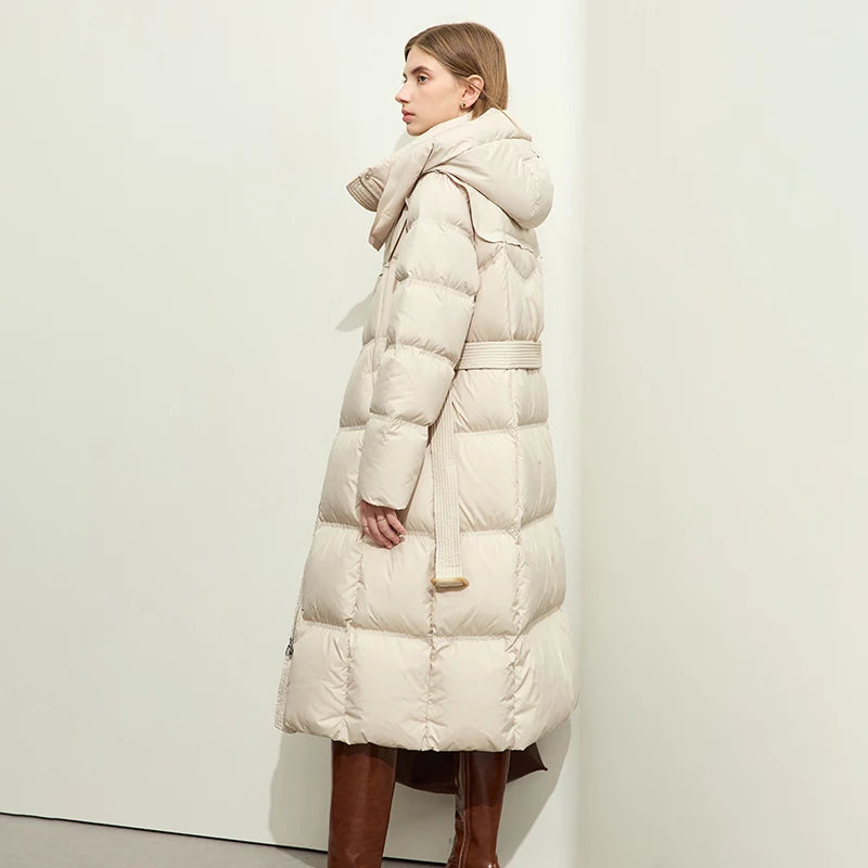 AMII Hooded Down Coats 2026 Winter New Warm With Belt Puff Duck Jacket Women Turtleneck Solid Versatile Slim Long Coat 12524003