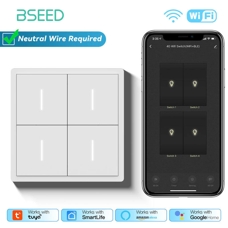BSEED WIFI Button Switch 1/2/3/4Gang 2Way Smart Click Switch Smart EU Socket Plastic Frame Tuya Smart Life Alexa Voice Control