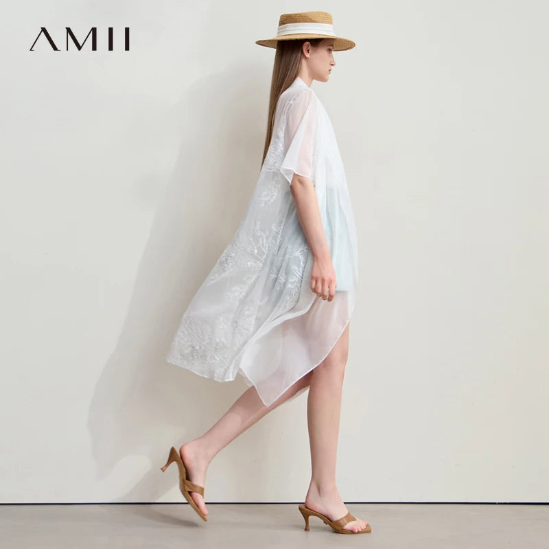 Amii Minimalism Vacation Chiffon Shirt 2026 Summer New Office Lady Thin Loose Transparent Embroidery Floral Cardigan 12552108