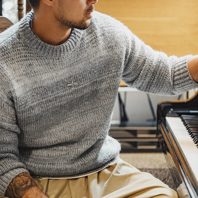 Maden Men's Vintage Gradient Stripe Sweater Round Neck Blended Knitted Pullover Warm Base-layer knitwear for Autumn and Winter