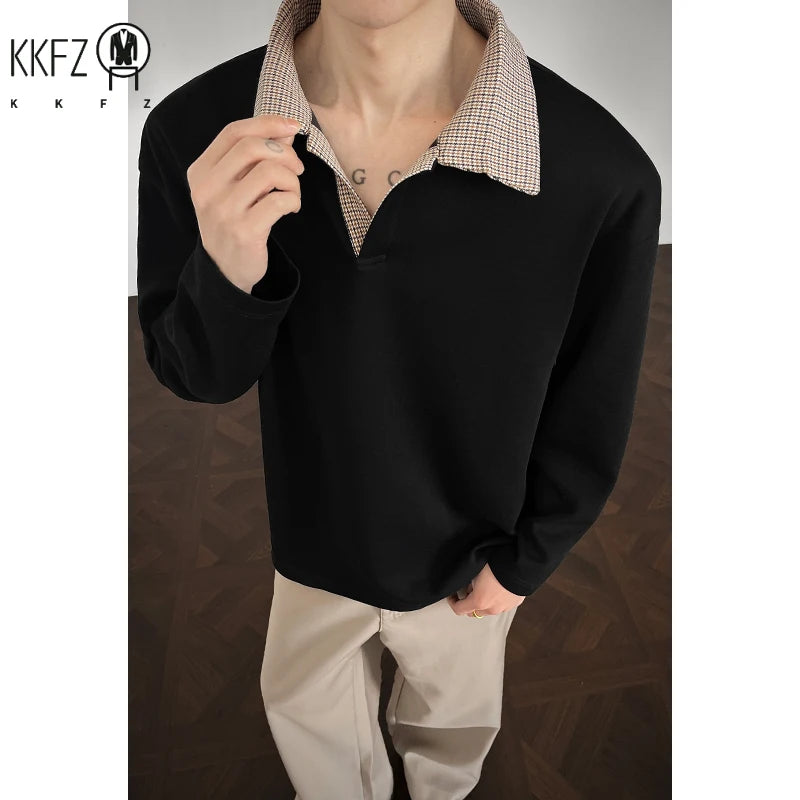 Male Loose Fit Knit Long Sleeve Polo Top Contrast Plaid Collar Airy Fabric For Office Commute And Leisure Occasions