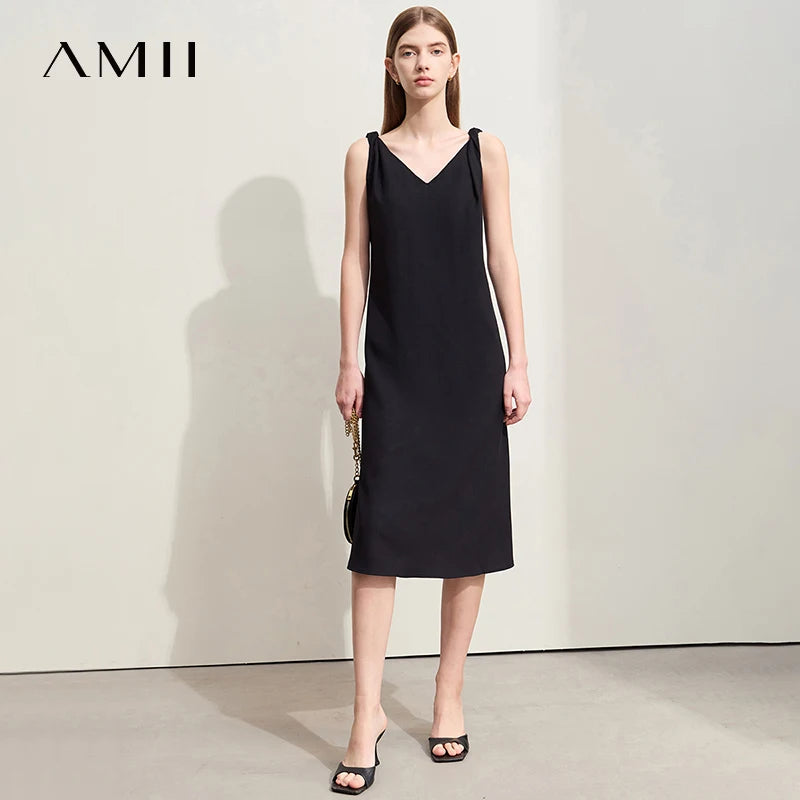 រ៉ូប Amii Minimalism Casual សម្រាប់នារីការិយាល័យរដូវក្តៅឆ្នាំ ២០២៥ ដៃអាវគ្មានដៃ រមួលជាខ្សែ ខ្នងខ្លី រលុងស្រាល 12542218