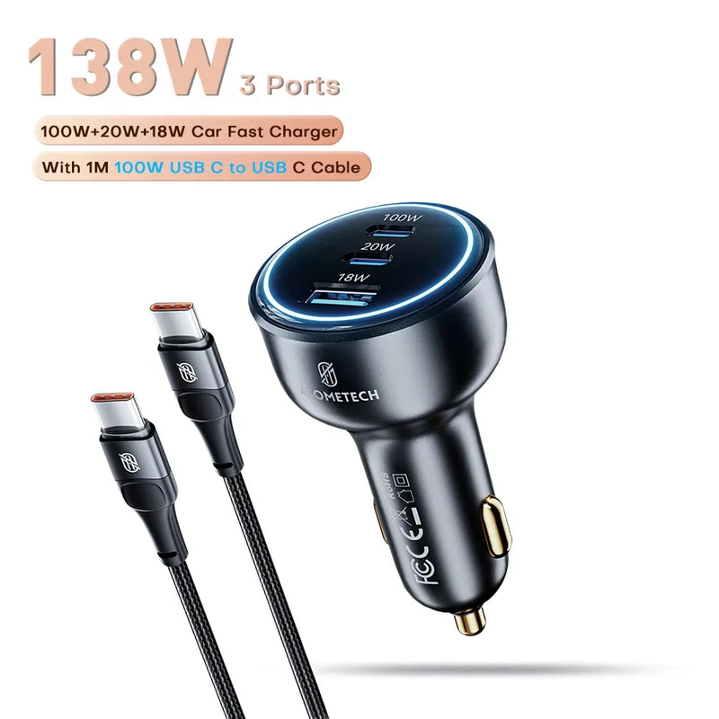 ឆ្នាំងសាករថយន្ត 138W USB Type C រន្ធពីរ USB ឆ្នាំងសាកទូរស័ព្ទលឿន PD សាកថ្មលឿនសម្រាប់ iPhone 14 Samsung Xiaomi iPad កុំព្យូទ័រយួរដៃ ថេប្លេត