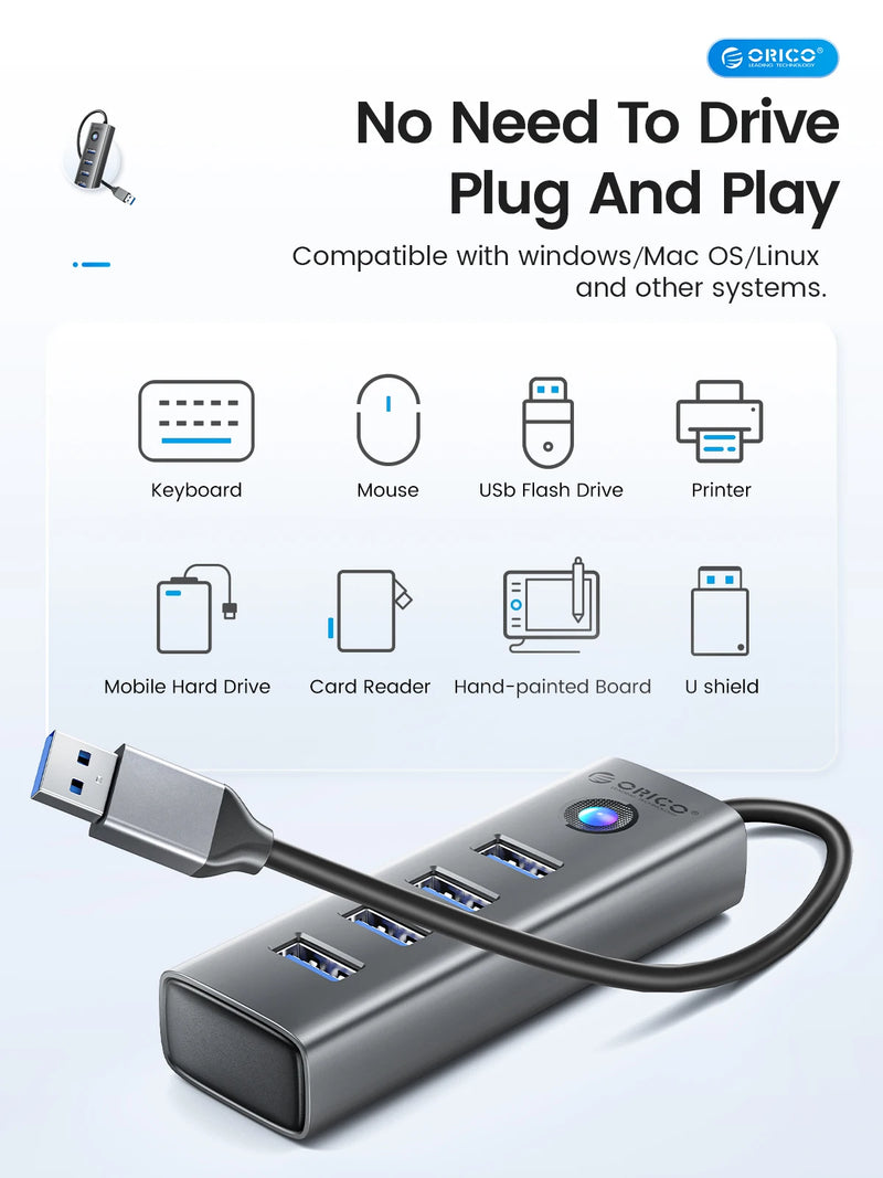 ORICO Member 4-Port USB 3.0 HUB Aluminum Alloy Plug And Play Mini Socket hub/USB Splitter 4 Ports 5Gbps High-Speed Transmission