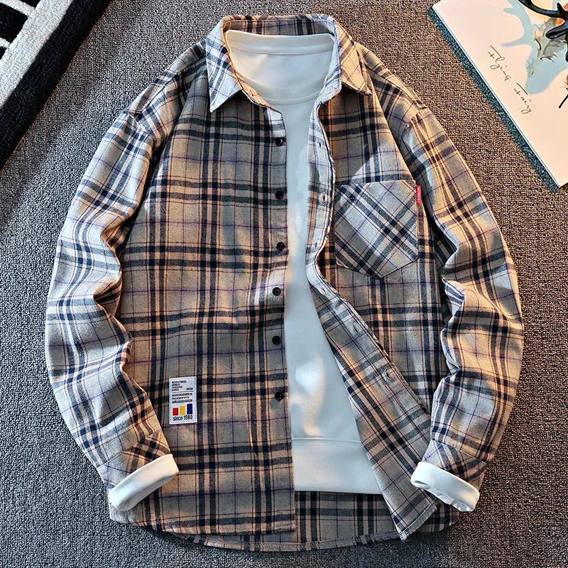 Classic Casual Plaid Overshirt Men Button Front Lapel Single Pocket Long Sleeve Basic Street Layered Fashion Top