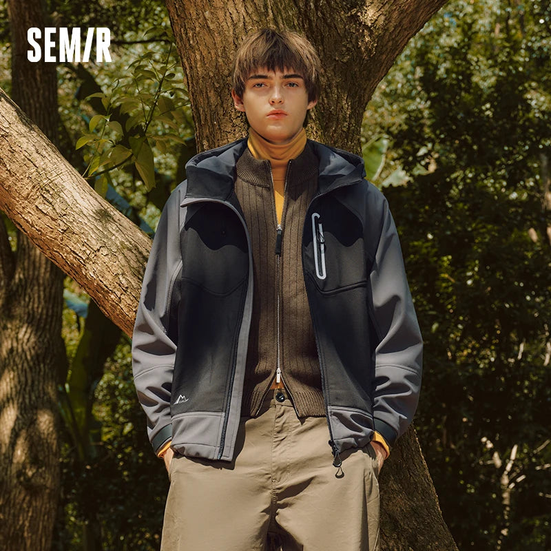 Semir Jacket Men Winter Fleece Lined Loose Hooded Outerwear 2025 New Outdoor Cycling Color Block Top Fashion Trendy