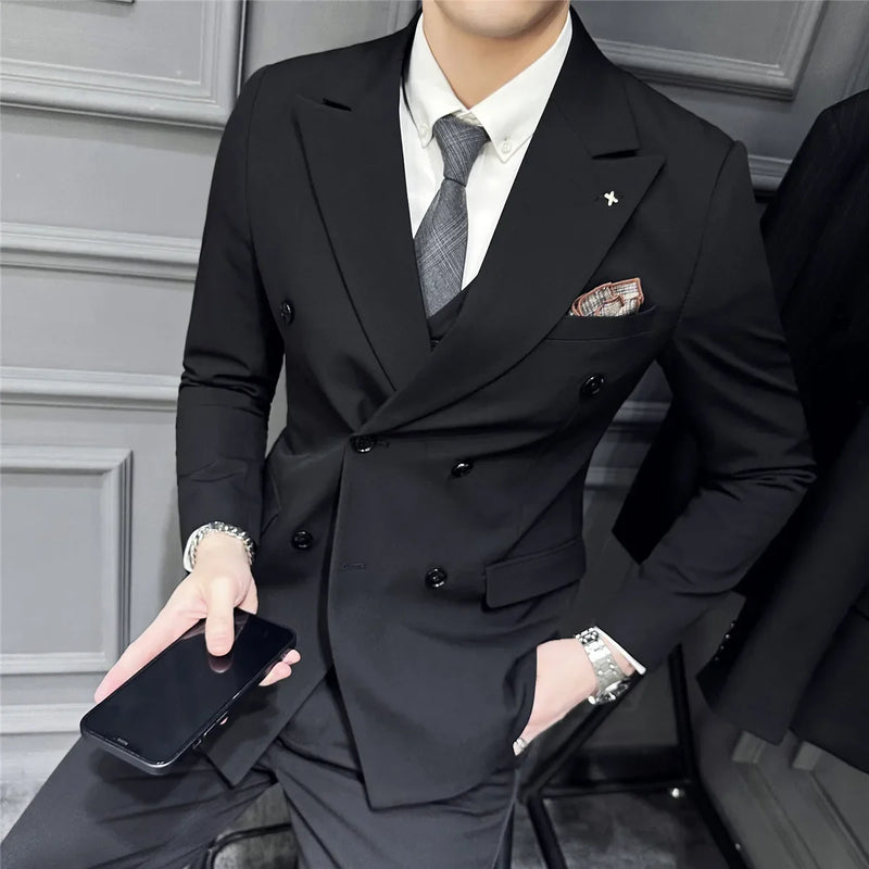 Men's Luxury Double-Breasted Suit Set (Jacket, Vest & Pants) - Stretch Fabric Business Casual Blazer with Extended Sizes S-7XL