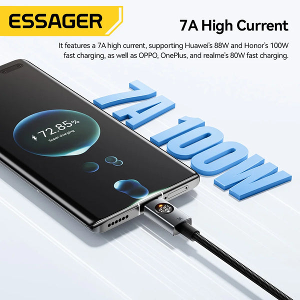 ខ្សែសាក Essager 7A USB Type C 100W សាកលឿនសម្រាប់ Huawei P90 Mate 60 Honor Oneplus 15 Realme OPPO អេក្រង់ឌីជីថល ខ្សែទិន្នន័យ
