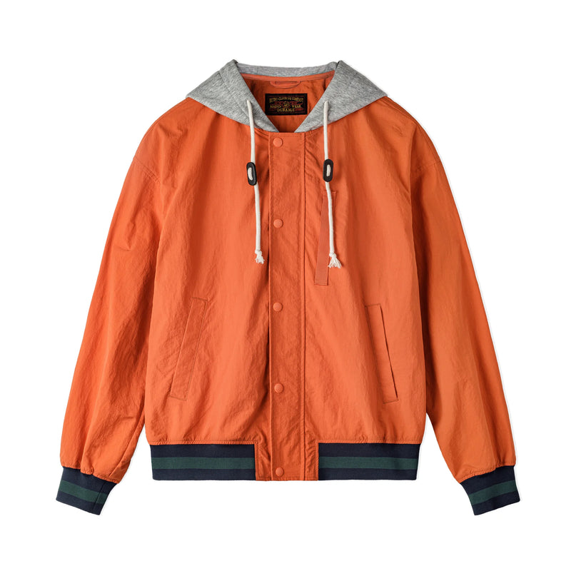 Maden Men's Retro Patchwork Color-Block Hooded Flight Jacket Orange Bomber Jacket Casual Zip-Up Lightweight Spring Fall Outwear