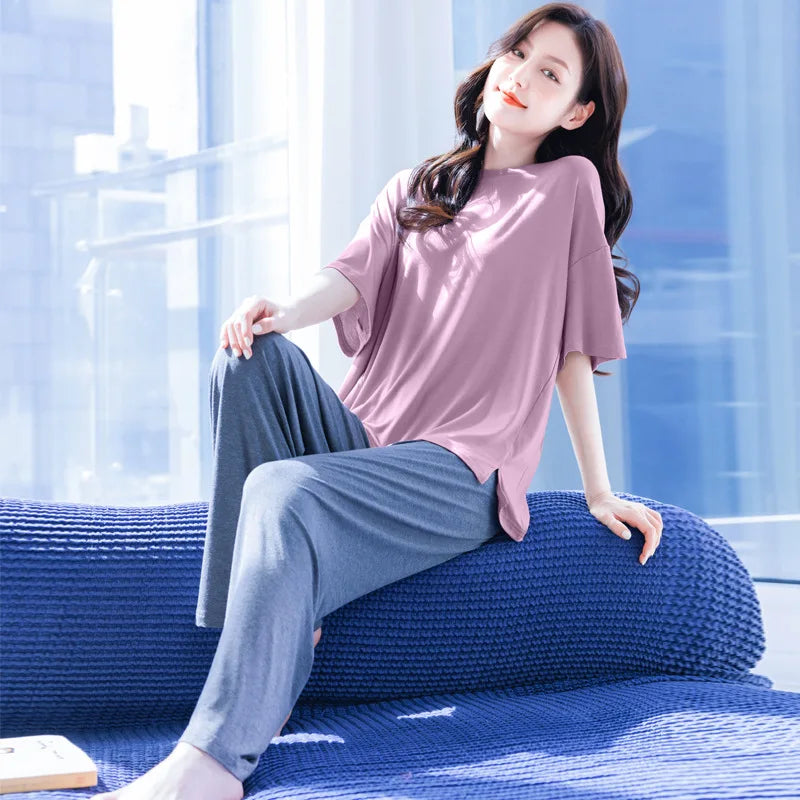 Elegant Women's Modal Pajamas Set Soft Summer Short Sleeves Pant Suit Loungewear Pijamas Female Nightwear Home Clothing