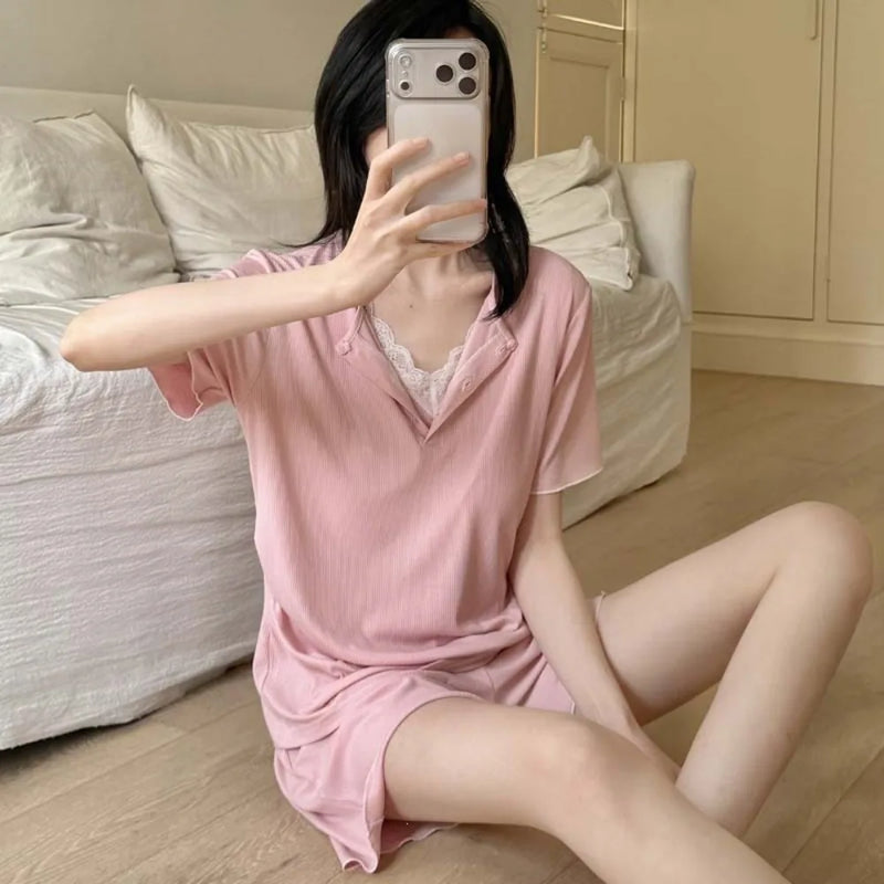 Thin Women's Sleepwear Pyjama Shorts Suit Pijama Femme Loungewear Pj Sets Solid Color Home Clothes Summer New Loungewear Suit