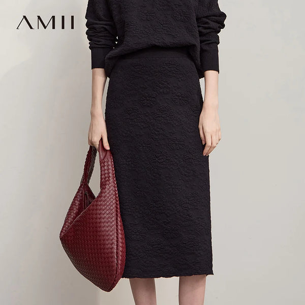 AMII Women's Skirt Medium And Long Jacquard Skirts For Women 2026 Autumn New Minimalist Solid Color Clothing Ladies 12543069