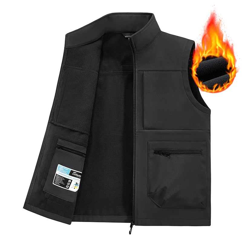 New Workwear Soft-Shell With Fleece Vest Multi-Pocket Outdoor Fishing Suit Vest Coat With Logo Printing Casual Men's Vest
