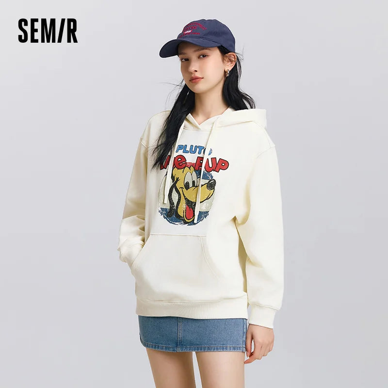 Semir Trendy Hoodie Women Spring Mid Length Hooded Loose Print Embroidery Heavyweight Stylish Streetwear Casual Top