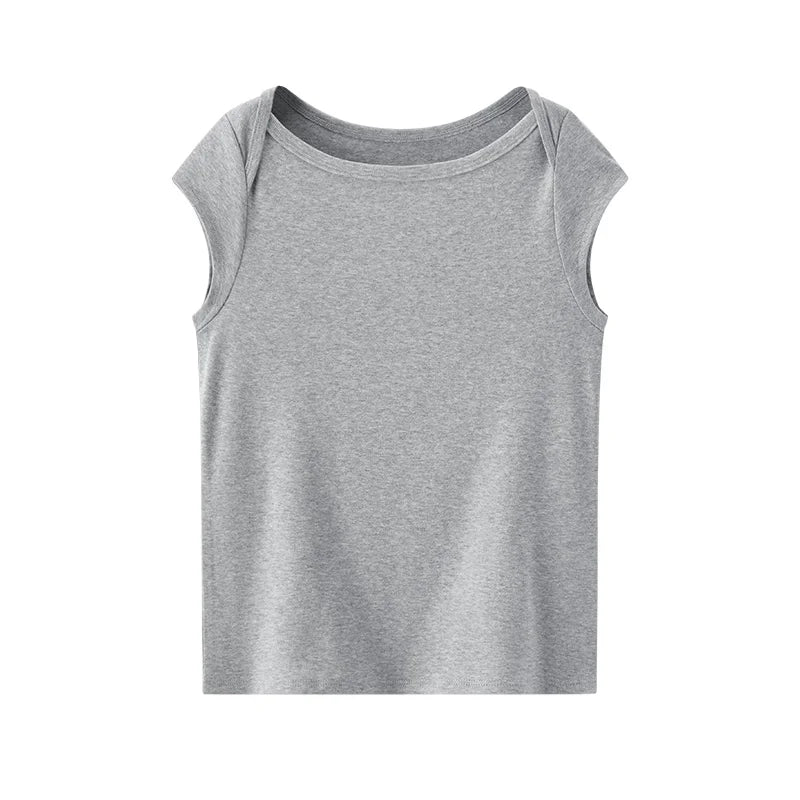 Semir Womens Tshirt 2026 Short Style Slash Neck Slim Solid Color Cool Feeling Casual Fashion