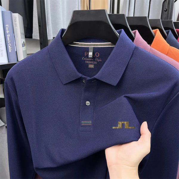 100% Cotton Men Long-Sleeve Polo Shirt Lapel Button Exquisite Pattern Printing Autumn Winter New Business Casual Men's Clothing
