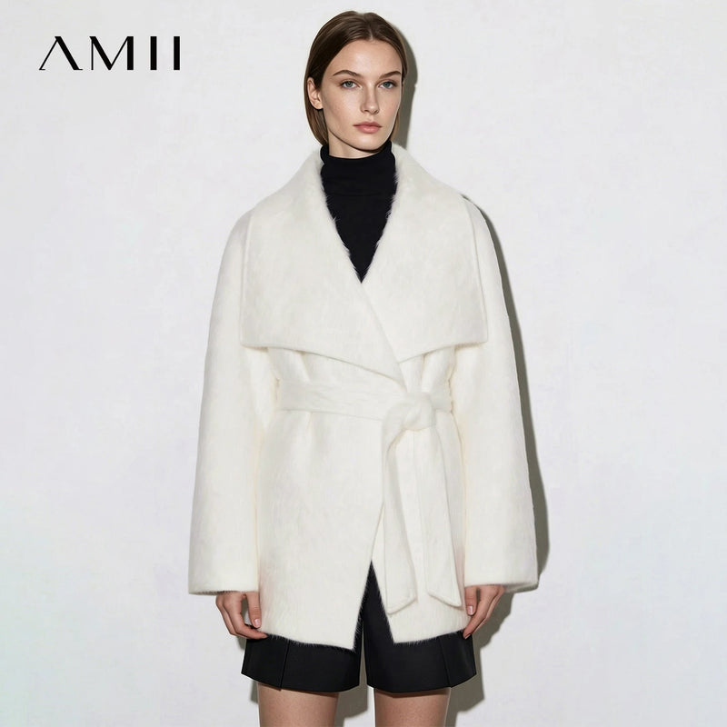 Amii Wool Silk Blend Coat Lapel Collar Belted Oversized Relaxed Fit Warm Minimalist Commuter Winter Women's Outerwear 12644031