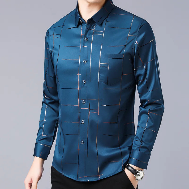 2026 Men's Casual and Fashionable Long Sleeved Printed Shirt, Non Ironing and Wrinkle Resistant Business Top. Asian sizes M–4XL