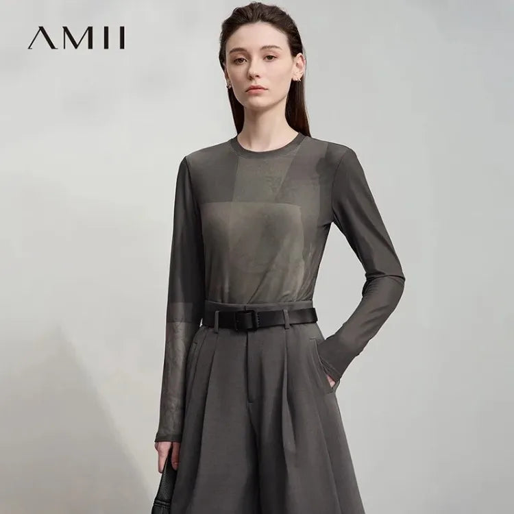 អាវយឺតដៃវែង AMII សម្រាប់ស្ត្រី រដូវស្លឹកឈើជ្រុះ ឆ្នាំ២០២៥ កមូល បោះពុម្ពអរូបី អាវយឺតសំណាញ់ អាវយឺតស្ដើងធម្មតា 12513002