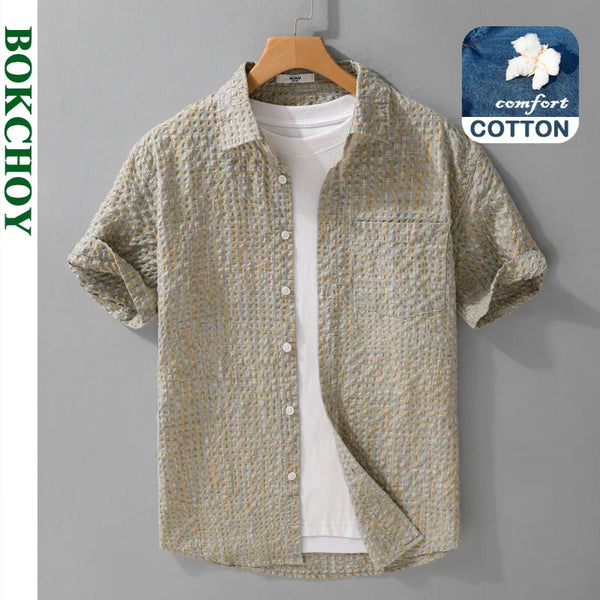 Summer New Casual Cotton Checkered Bubble Short Sleeve Shirt for Men Slim Casual Turn-down Collar Classic Shirt FY740