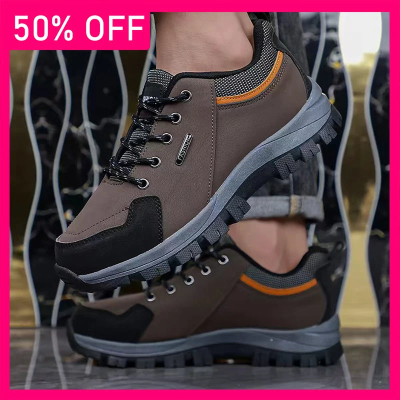 Mens Hiking Shoes New Durable Premium Leather Low-Top Lace-Up Anti-Slip Rubber Sole Versatile Outdoor Hiking Casual Sports Shoes