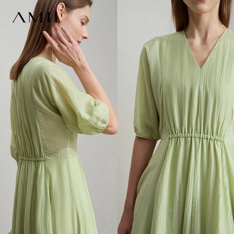 រ៉ូបការិយាល័យ AMII Minimalist សម្រាប់នារីរដូវក្តៅ ឆ្នាំ២០២៥ ដៃអាវរាងចង្កៀង V-neck រ៉ូបប៉ាក់រលុង ម៉ូដសម្រាប់នារី 12522090