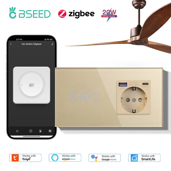 កុងតាក់ BSEED Zigbee Fans ប្តូរកុងតាក់បញ្ជាល្បឿនជញ្ជាំងឆ្លាតវៃជាមួយរន្ធ EU គាំទ្រ Tuya Smart Life Alexa ការគ្រប់គ្រងសំឡេង