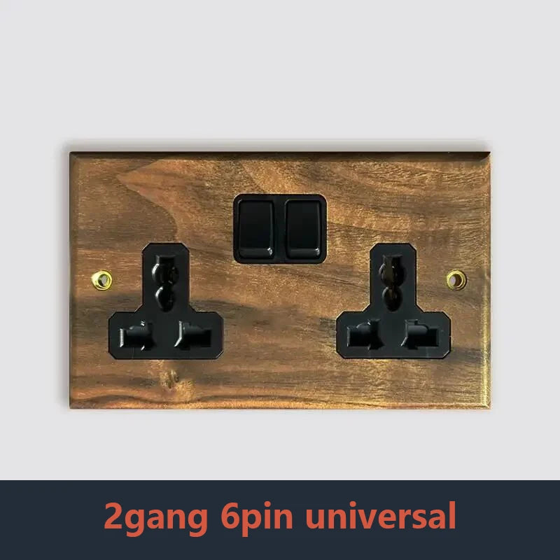 Retro Uk 13A Wall 2gang2way Light Switch,antique Villa High Power USB C Fast Charging Solid Wood Socket,home Speed Dimming Panel