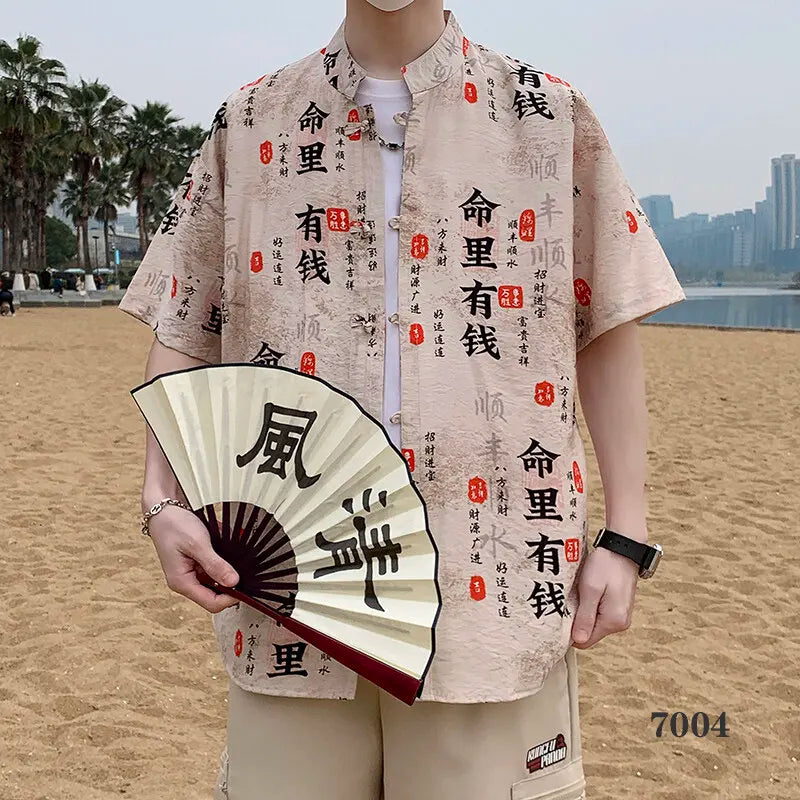 2026 Chinese Style Men's Short Sleeve Shirt with Chinese Characters Decorations and Asian Size Single Button Beach Casual Top