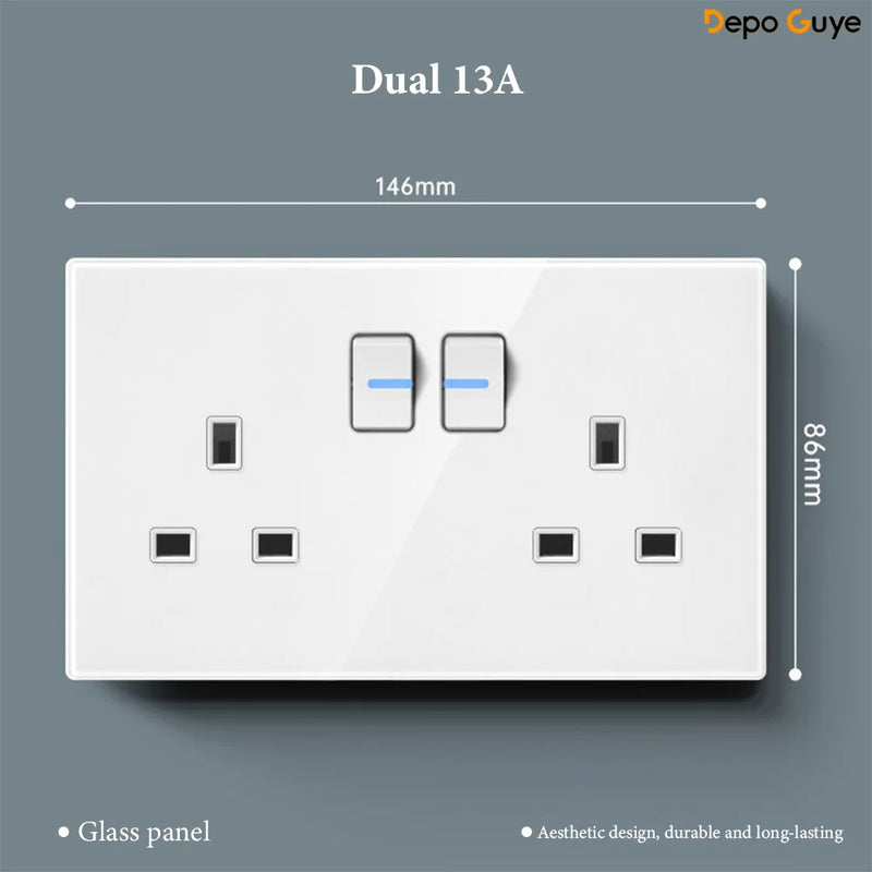 White UK 230V Tempered Glass Touch Light Switch Socket LED Wall Panel Smart Home Switches Socket Manufacturer Wholesale Supplier