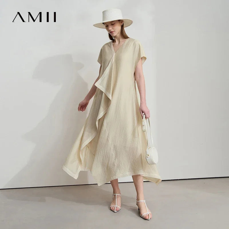 Amii Minimalist Women's Short Sleeved Dress 2026 Summer New Solid Irregular Loose Elegant H Shaped Commute Long Dress 12541134