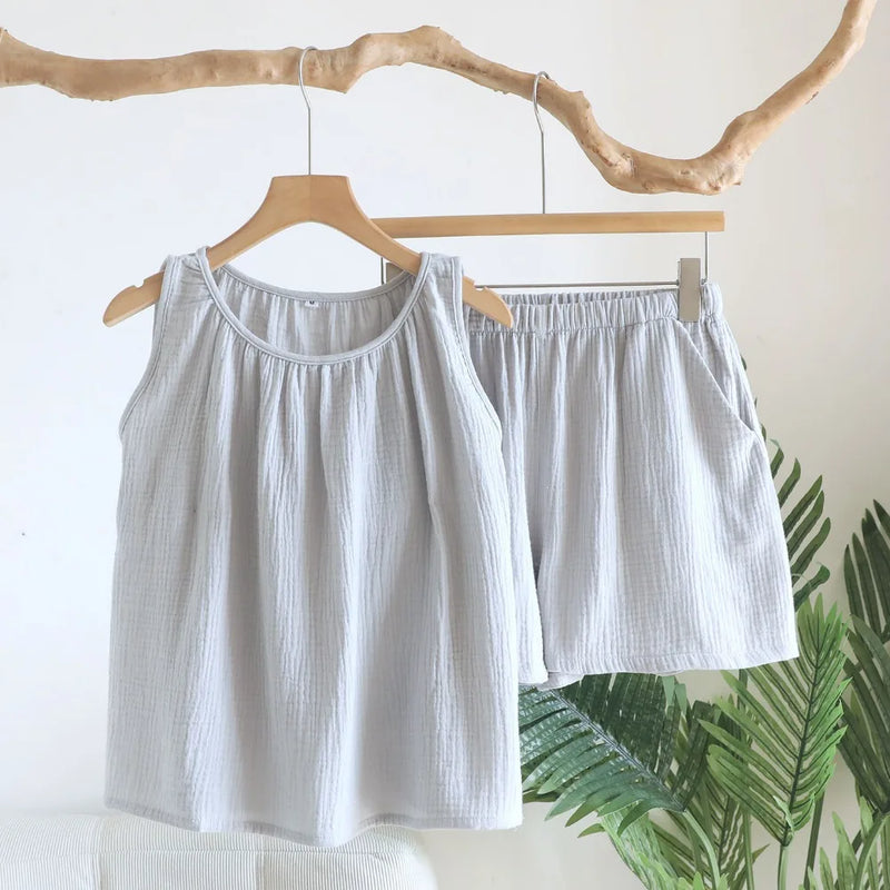 Summer Pajamas Two-Piece Women's Set Soft Home Wear New Solid Color Sleeveless O-Neck Home Suit Shorts Loungewear Pyjama Femme