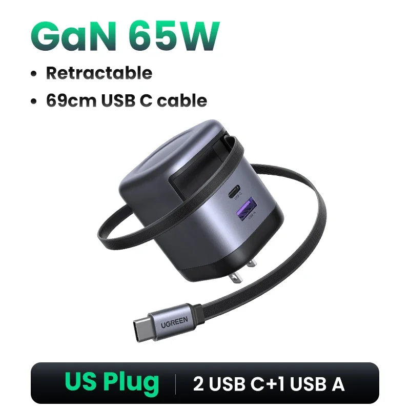 UGREEN 65W GaN Charger With Retractable USB C Cable For iPhone 18 17 Pro Samsung Xiaomi Laptop Macbook Tablet PD Fast Charger