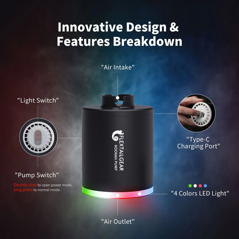 FLEXTAIL Electric Hookah Pump Kit with 1300 mAh Rechargeable Battery Led Light Mini Portable Charcoal Starter Warm Up Set
