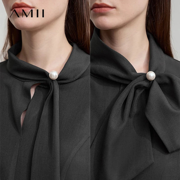 AMII Minimalist Women Evening Luxury Dress 2026  Autumn Collared Ribbon Mid Length A-Line Dress Office Lady Black Dress 12523082