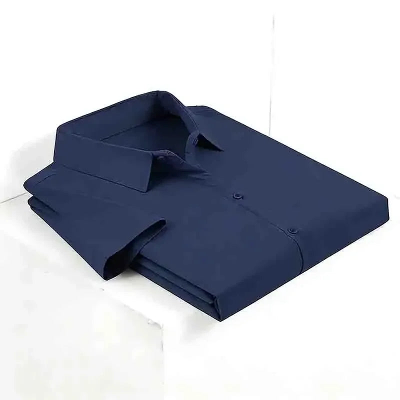 Minimalist Men's Solid Navy Blue Short Sleeve Button Shirt Slim Fit Casual Top for Everyday Outfits