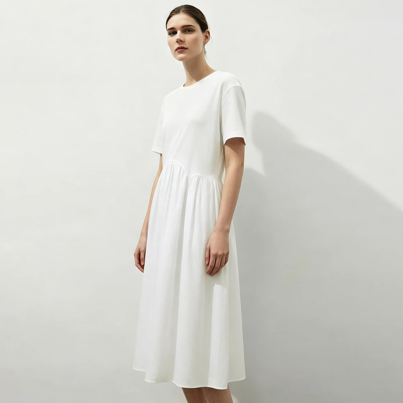 Amii 100% Cotton Midi Dress 2026 Summer New Round Neck Drop Shoulder Short Sleeve Simple Office Casual Dress For Women 12642119