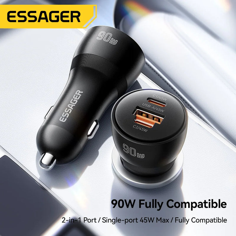 Essager 90W USB Type-C Car Charger PD QC SCP AFC PPS 45W Fast Charging Mini Car Phone Charger For iPhone18 17 Pro Samsung Xiaomi
