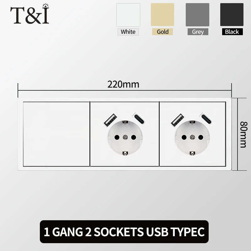 European Wall Socket EU Outlet, USB Type-C Charging Ports, 1/2 Gang Light Switch, 16A 250V, Flush Mount, White Panel, 80×80mm