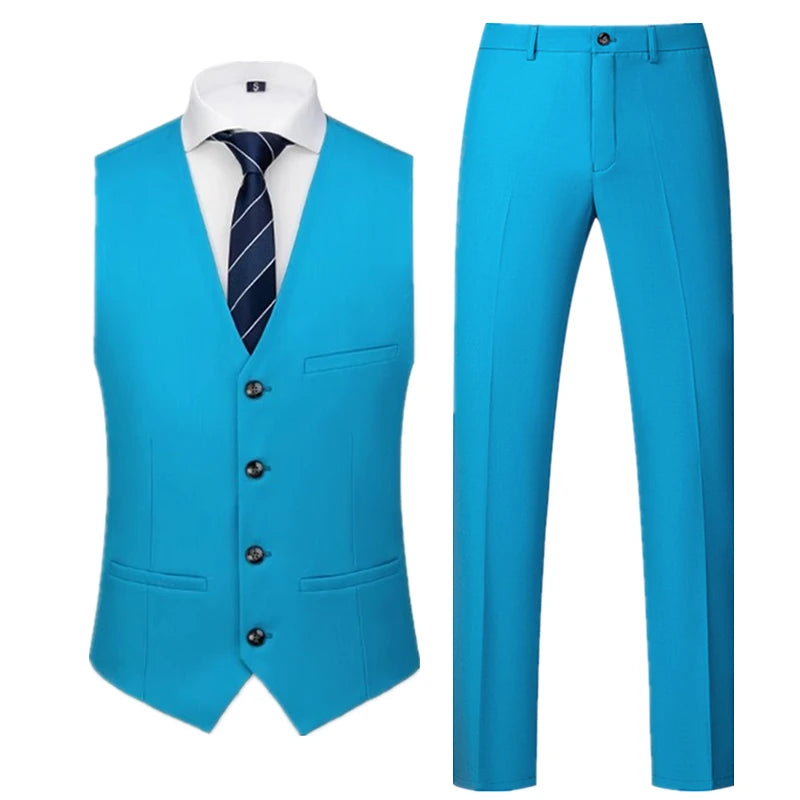 2026 Men's Bright Red V-Neck Sleeveless Vest with Pants, Green Gray Black White Purple Waistcoat and Trousers Asian Size Sets