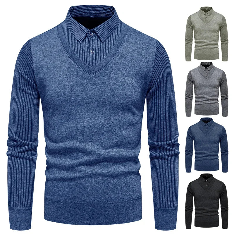 All Season Male Fake Two Piece Long Sleeve Top V Neck Fake Waistcoat Stripe Detail Lapel Collar Embroidered Decor