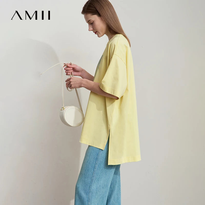 អាវយឺតរដូវក្តៅ Amii Minimalist សម្រាប់នារី រចនាមិនទៀងទាត់ អាវធម្មតា ក អូ-ក បោះពុម្ពអរូបី អាវយឺតរលុង ស្មាទម្លាក់ចុះ 12522081