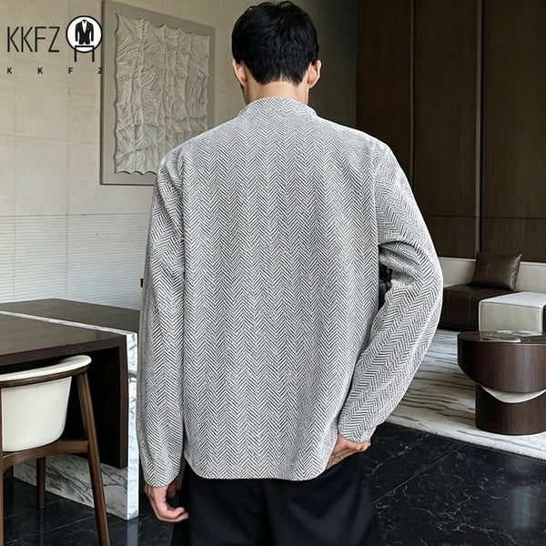 Mens Casual Loose Long Sleeve Top Notched V Neck Herringbone Jacquard Pattern Breathable Fabric Daily Wear