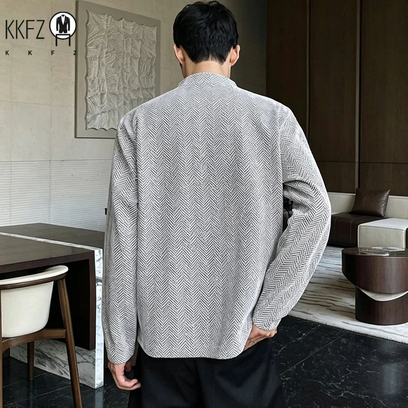 Mens Casual Loose Long Sleeve Top Notched V Neck Herringbone Jacquard Pattern Breathable Fabric Daily Wear