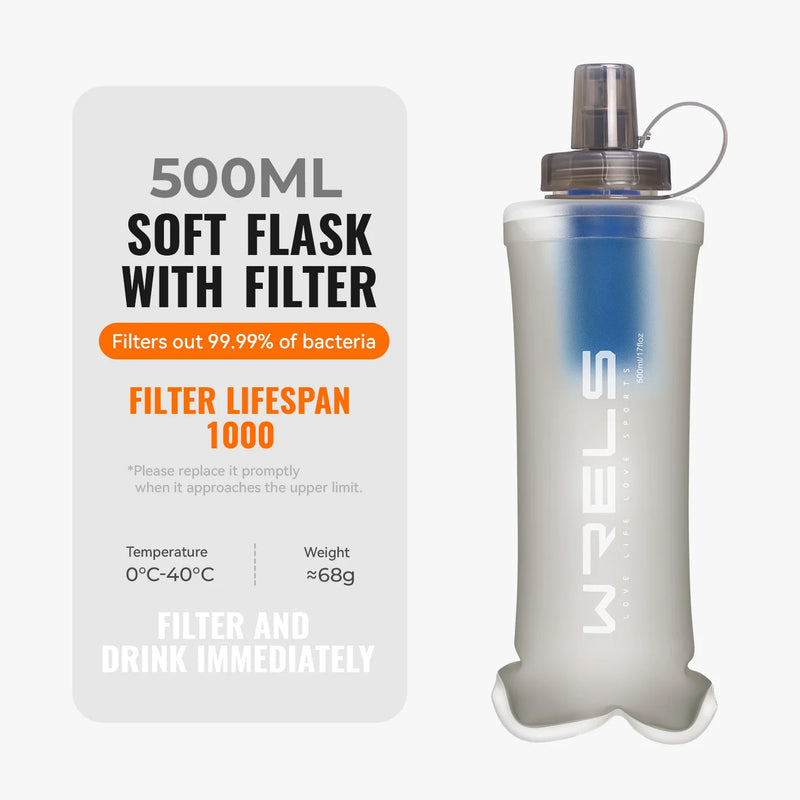 WRELS Ultralight Collapsible Water Filter BottleCompressible Soft Flask Water Bottle for Hydration Vests Water Bottle with Filte
